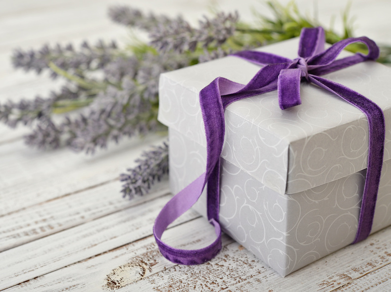 gift box with violet ribbon